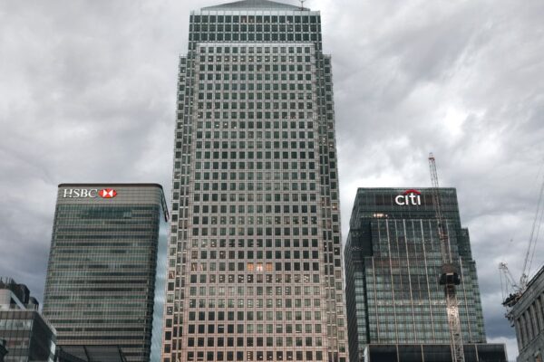 View of HSBC and Citi buildings in London's Canary Wharf business district.