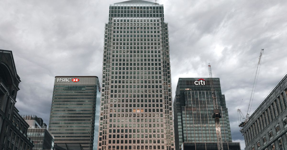 View of HSBC and Citi buildings in London's Canary Wharf business district.