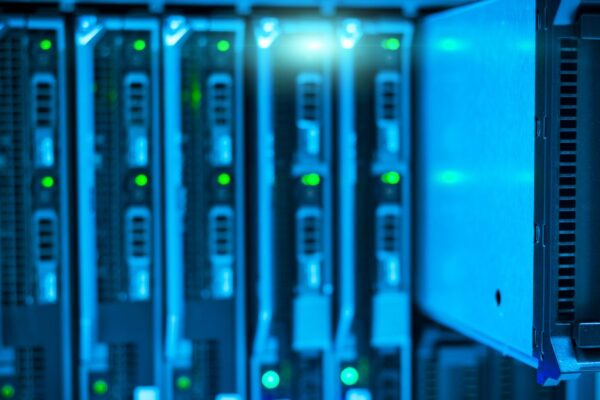 Detailed view of a server rack with a focus on technology and data storage.