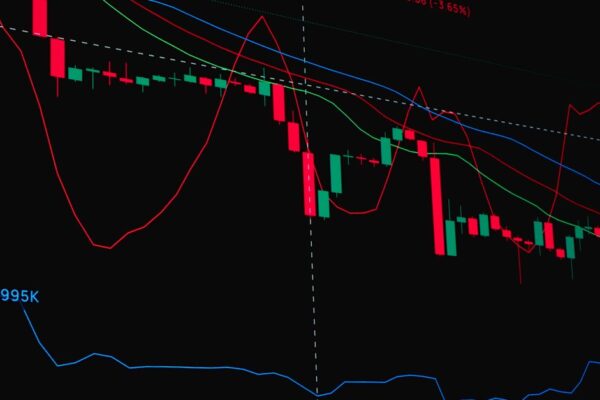 Real-time trading chart showing market price fluctuations with indicators like moving averages and volume.