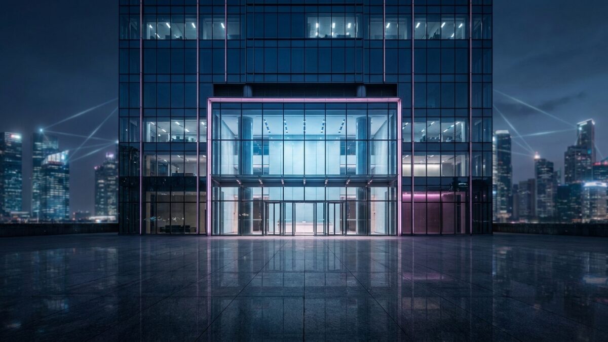 Ilustración: a modern bank headquarters exterior at night with illuminated glass facade. Ilustración generada con IA.