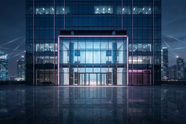 Ilustración: a modern bank headquarters exterior at night with illuminated glass facade. Ilustración generada con IA.