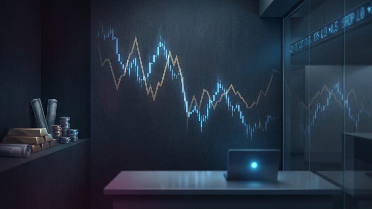 Ilustración: a dim trading floor with abstract falling and rising chart lines projected on a wall. Ilustración generada con IA.