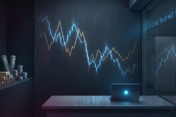 Ilustración: a dim trading floor with abstract falling and rising chart lines projected on a wall. Ilustración generada con IA.