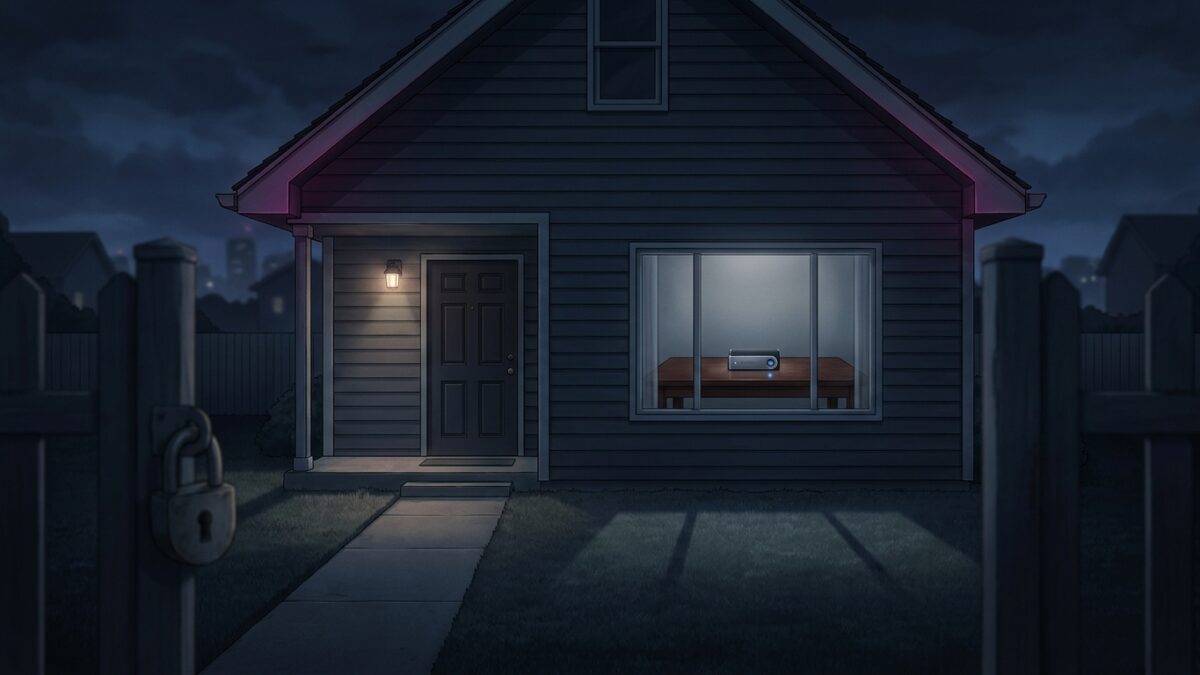Ilustración: a quiet suburban house at night, seen from outside. Ilustración generada con IA.