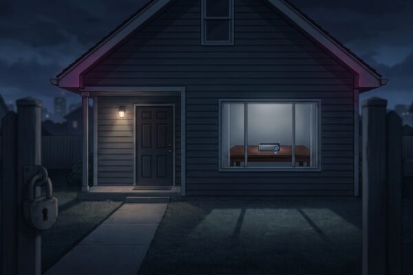Ilustración: a quiet suburban house at night, seen from outside. Ilustración generada con IA.