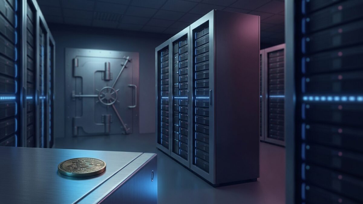 Ilustración: a dim server room with rows of humming hardware. Ilustración generada con IA.
