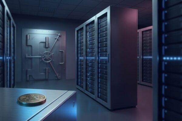Ilustración: a dim server room with rows of humming hardware. Ilustración generada con IA.