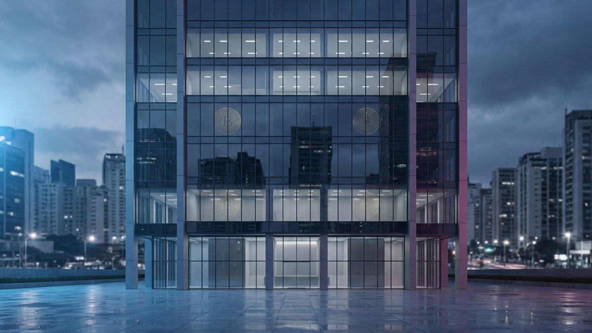 Ilustración: a modern Brazilian bank headquarters facade at dusk. Ilustración generada con IA.