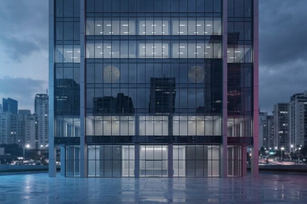 Ilustración: a modern Brazilian bank headquarters facade at dusk. Ilustración generada con IA.