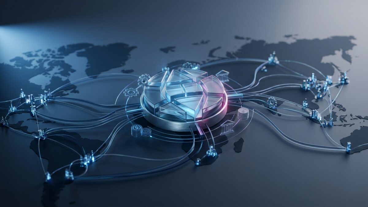 Ilustración: a global payments hub with digital network lines connecting distant cities. Ilustración generada con IA.