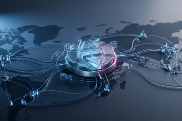 Ilustración: a global payments hub with digital network lines connecting distant cities. Ilustración generada con IA.