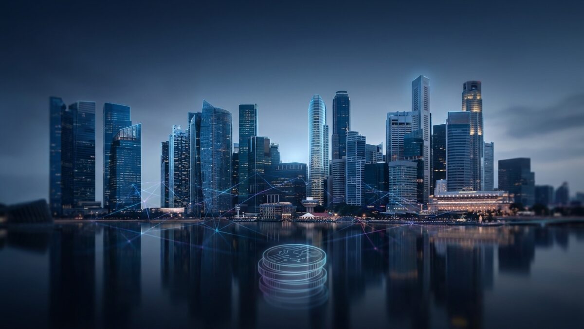 Ilustración: a modern financial district skyline in Singapore at twilight. Ilustración generada con IA.