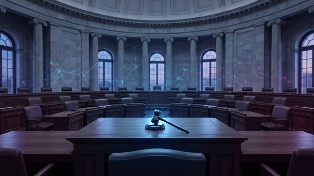 Ilustración: a marble Senate chamber interior with empty seats. Ilustración generada con IA.