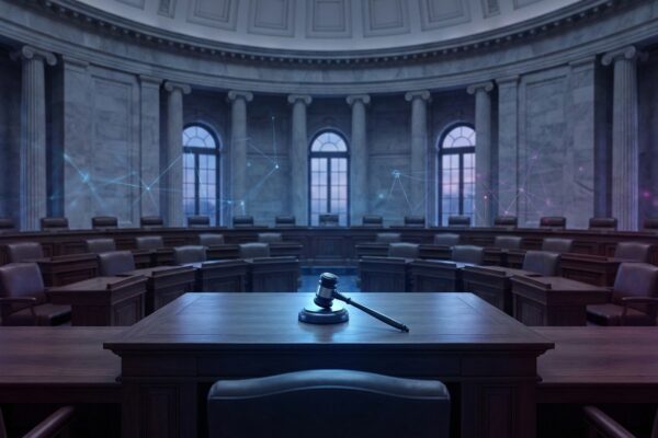 Ilustración: a marble Senate chamber interior with empty seats. Ilustración generada con IA.