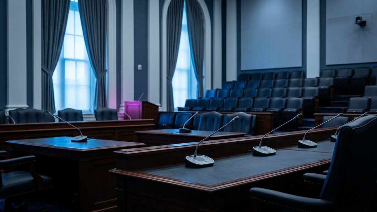 Ilustración: a stately Senate committee room interior. Ilustración generada con IA.