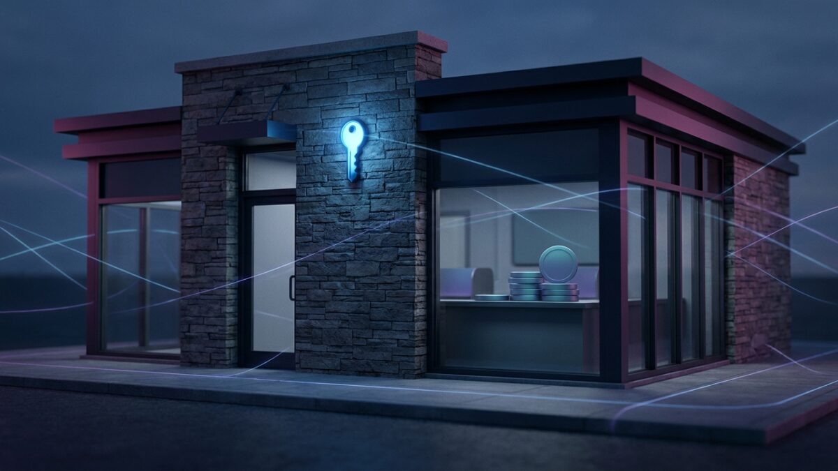 Ilustración: a small community bank branch exterior with modern digital payment infrastructure implied. Ilustración generada con IA.