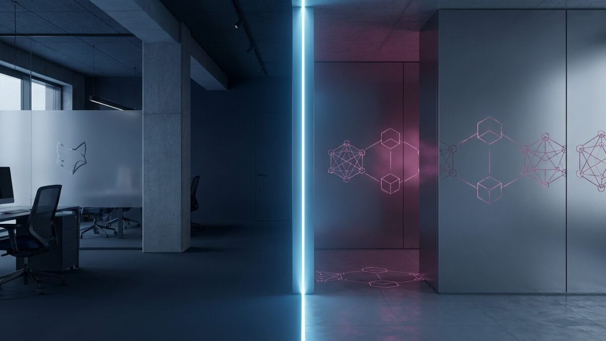 Ilustración: a modern tech office space split by a dividing line of light. Ilustración generada con IA.