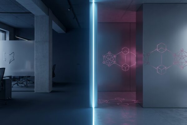 Ilustración: a modern tech office space split by a dividing line of light. Ilustración generada con IA.