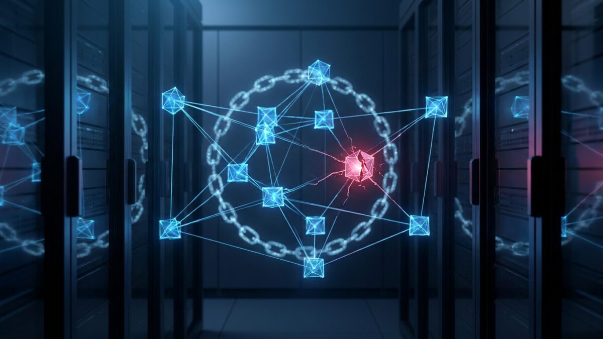 Ilustración: a digital blockchain network visualized as glowing interconnected nodes in a dark server environment. Ilustración generada con IA.