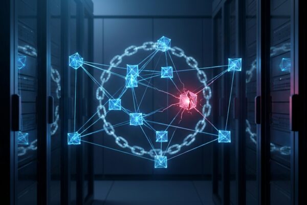 Ilustración: a digital blockchain network visualized as glowing interconnected nodes in a dark server environment. Ilustración generada con IA.