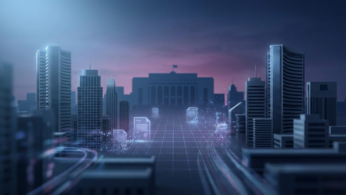 Ilustración: a modern financial district skyline in India at twilight. Ilustración generada con IA.