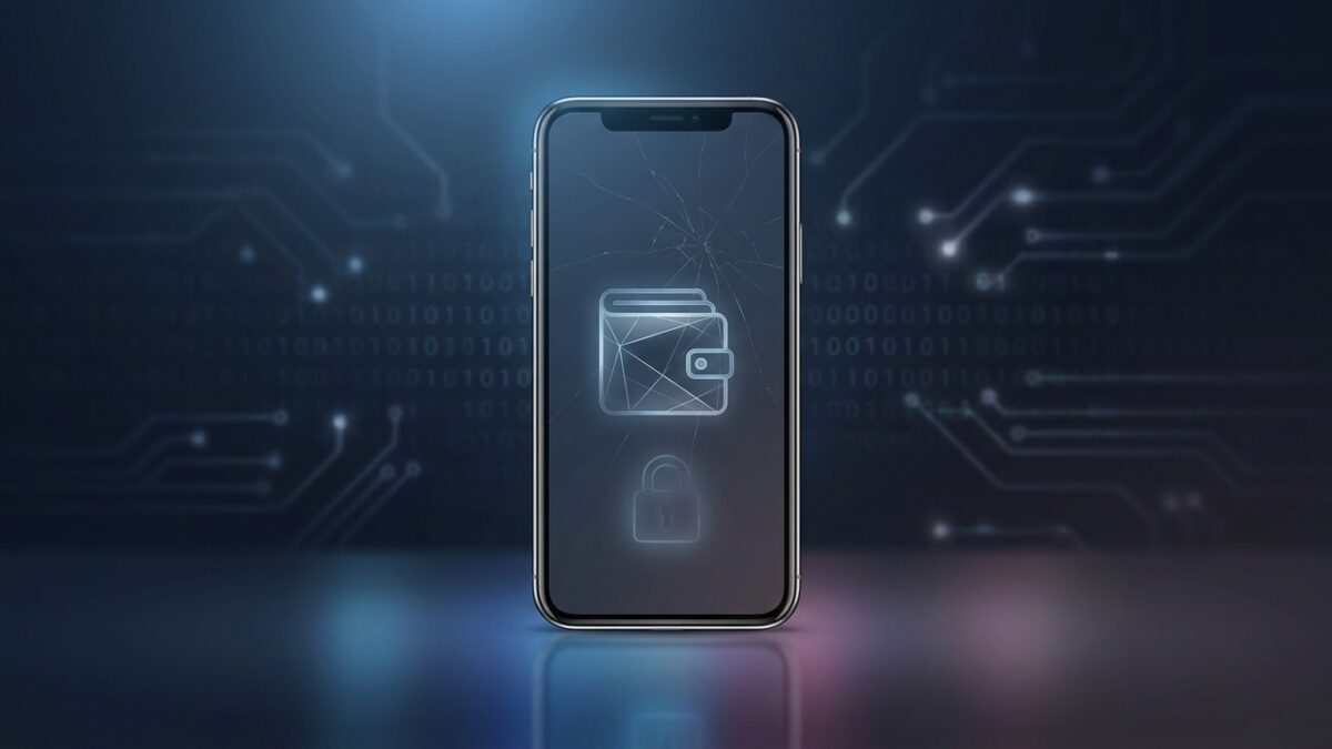 Ilustración: a smartphone displaying an abstract wallet app icon on a dark reflective surface. Ilustración generada con IA.