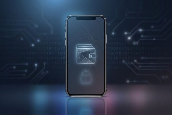 Ilustración: a smartphone displaying an abstract wallet app icon on a dark reflective surface. Ilustración generada con IA.