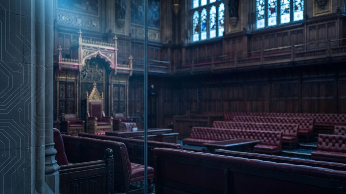 Ilustración: the House of Lords chamber in the Palace of Westminster. Ilustración generada con IA.