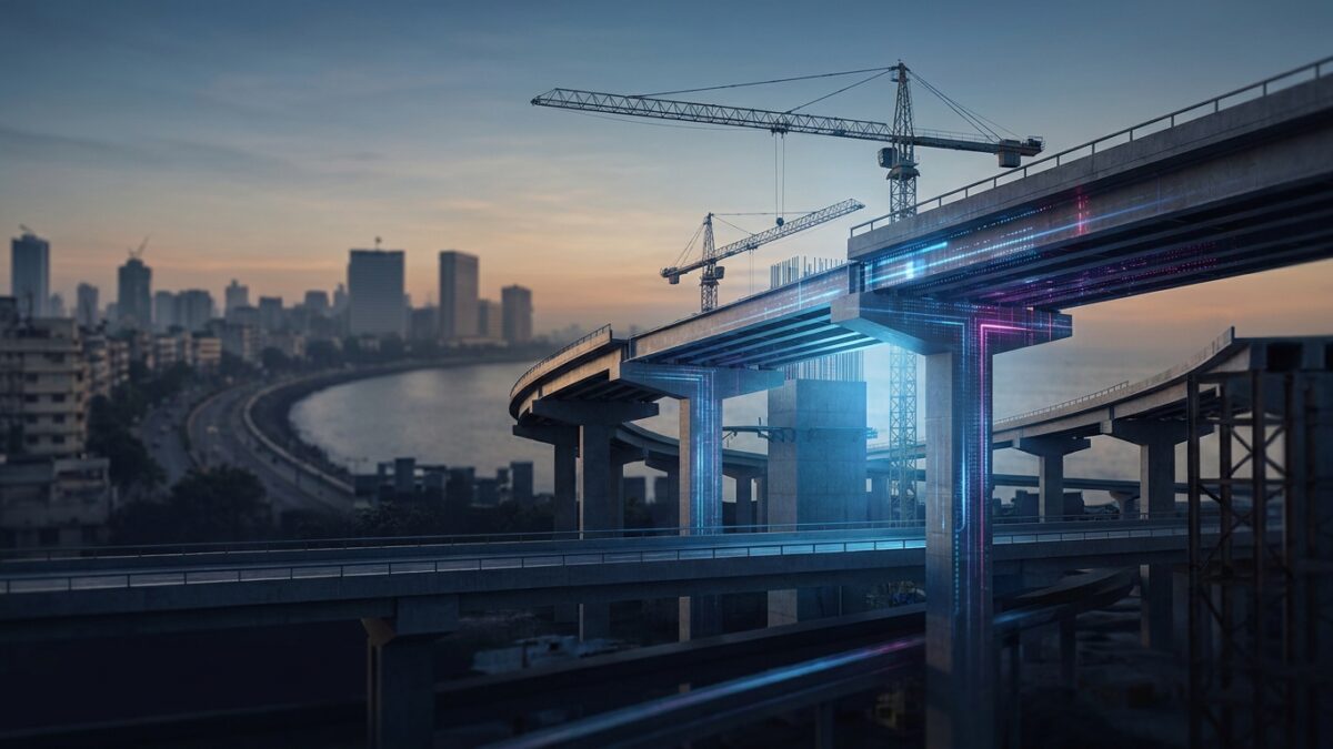Ilustración: a modern infrastructure construction site in India at golden hour. Ilustración generada con IA.