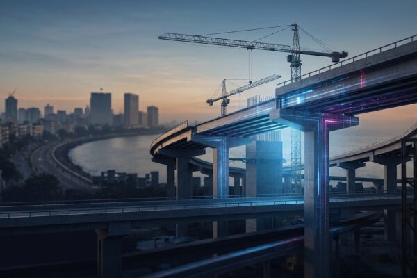 Ilustración: a modern infrastructure construction site in India at golden hour. Ilustración generada con IA.
