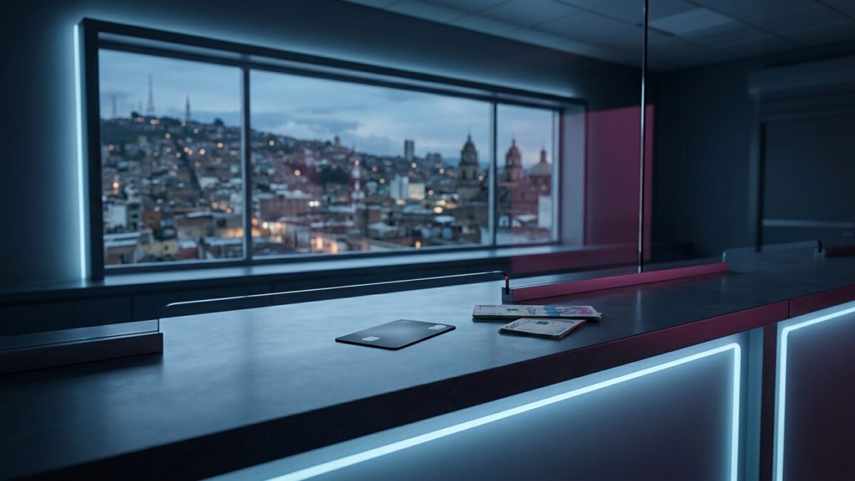 Ilustración: a modern currency exchange counter with a Latin American city visible through the window. Ilustración generada con IA.