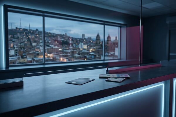 Ilustración: a modern currency exchange counter with a Latin American city visible through the window. Ilustración generada con IA.