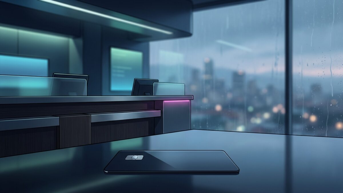 Ilustración: a modern financial services counter with subtle Colombian urban ambiance. Ilustración generada con IA.