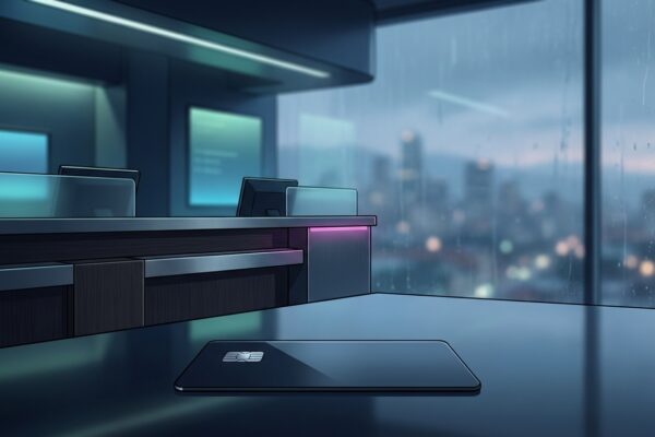 Ilustración: a modern financial services counter with subtle Colombian urban ambiance. Ilustración generada con IA.
