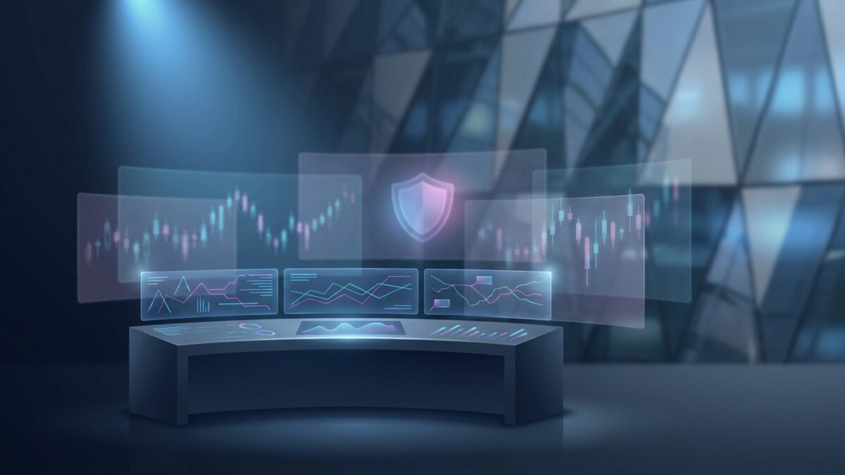 Ilustración: a sleek financial data monitoring center with abstract market surveillance visuals. Ilustración generada con IA.