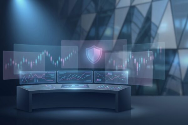 Ilustración: a sleek financial data monitoring center with abstract market surveillance visuals. Ilustración generada con IA.