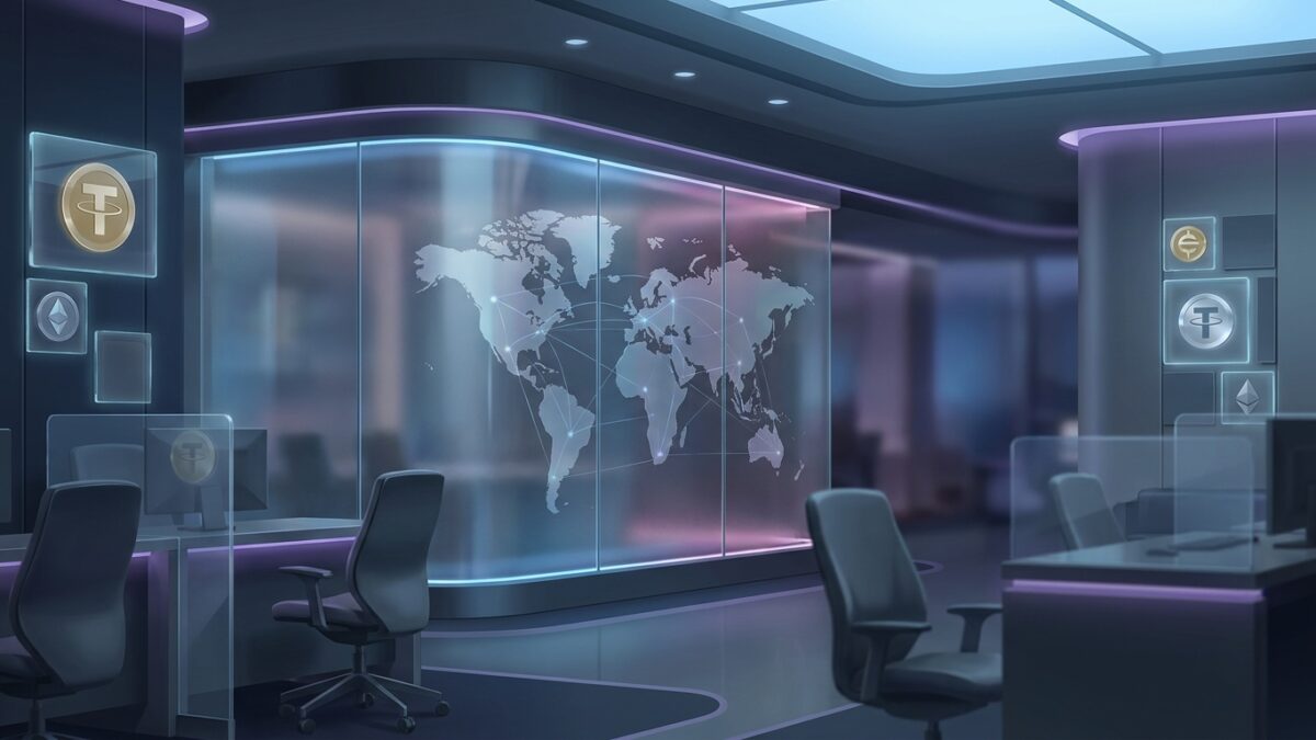 Ilustración: a modern digital bank office with a global map motif. Ilustración generada con IA.