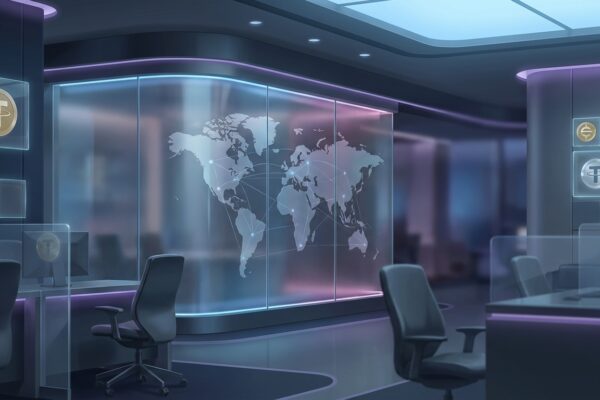 Ilustración: a modern digital bank office with a global map motif. Ilustración generada con IA.