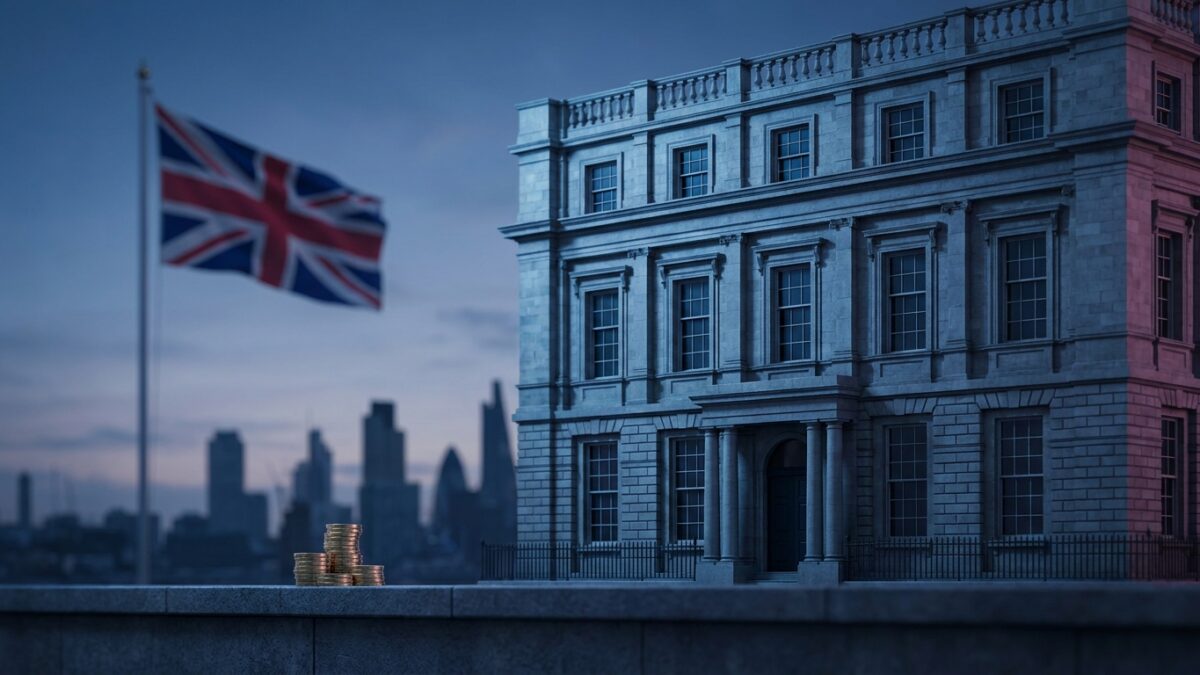 Ilustración: the exterior of a British political party headquarters at dusk. Ilustración generada con IA.