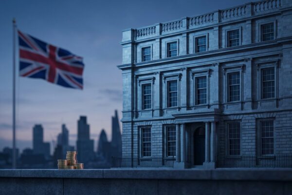 Ilustración: the exterior of a British political party headquarters at dusk. Ilustración generada con IA.