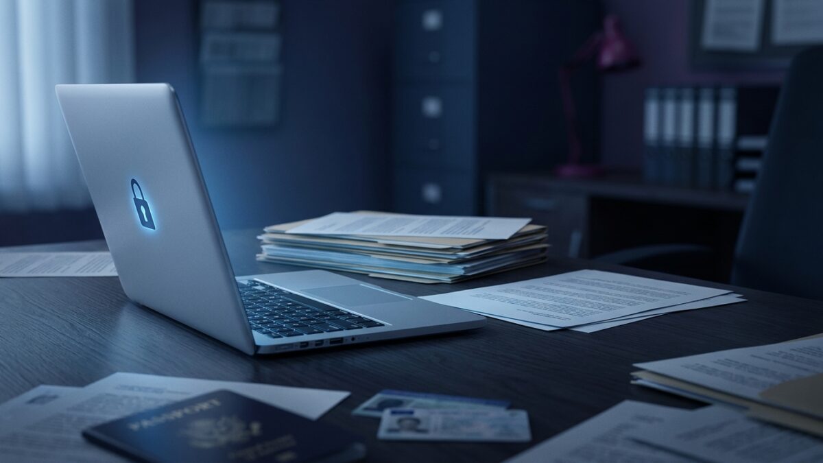 Ilustración: a dim office with a laptop and stacks of personal document folders. Ilustración generada con IA.