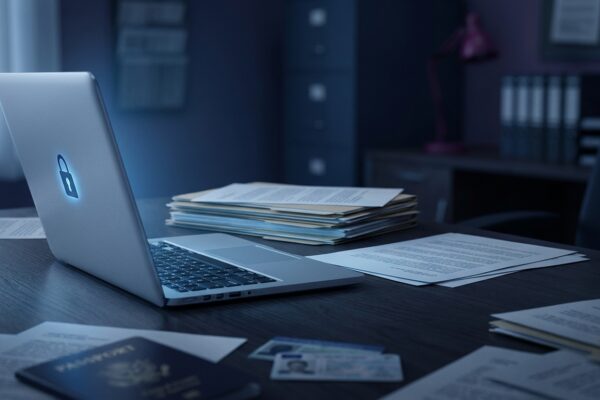 Ilustración: a dim office with a laptop and stacks of personal document folders. Ilustración generada con IA.