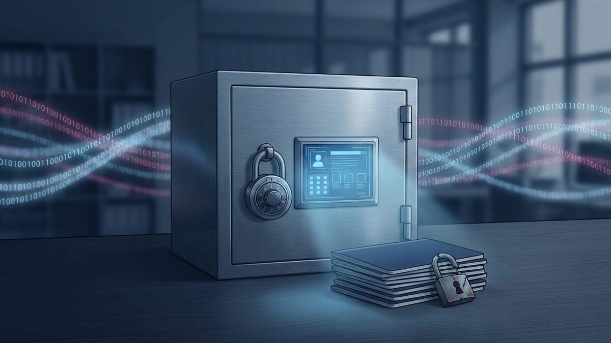 Ilustración: a dim office with a locked filing cabinet and a faint blue digital glow. Ilustración generada con IA.