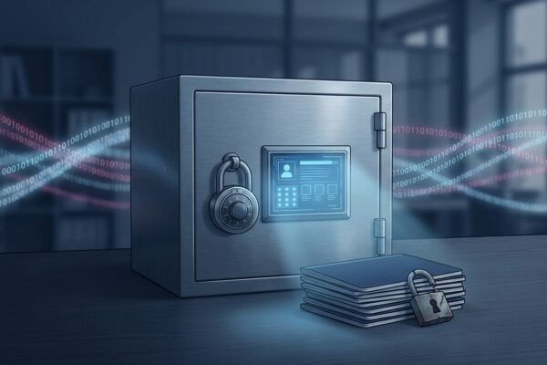 Ilustración: a dim office with a locked filing cabinet and a faint blue digital glow. Ilustración generada con IA.