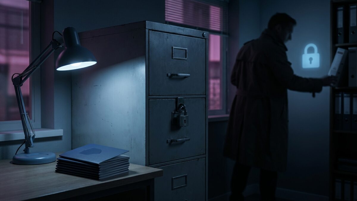 Ilustración: a dim office with a locked filing cabinet and a single desk lamp. Ilustración generada con IA.