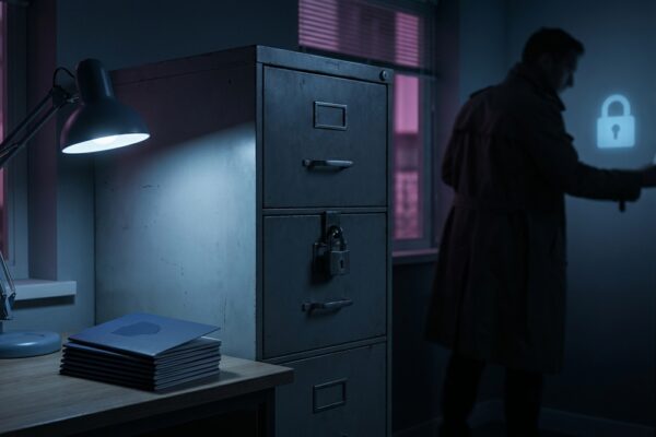 Ilustración: a dim office with a locked filing cabinet and a single desk lamp. Ilustración generada con IA.