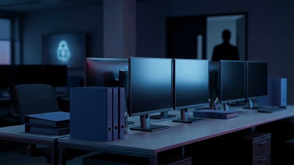 Ilustración: a dim corporate office with a bank of empty monitors. Ilustración generada con IA.