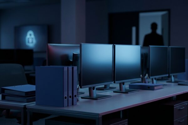 Ilustración: a dim corporate office with a bank of empty monitors. Ilustración generada con IA.
