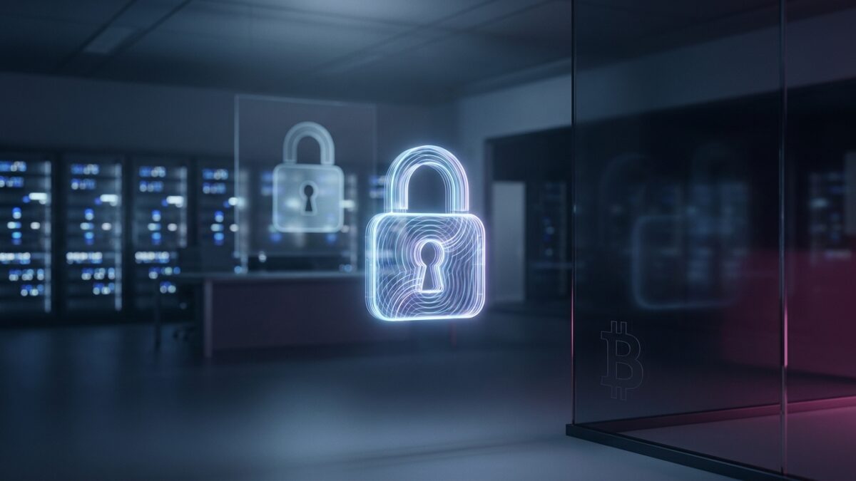 Ilustración: a dark fintech office with a glowing digital lock motif. Ilustración generada con IA.